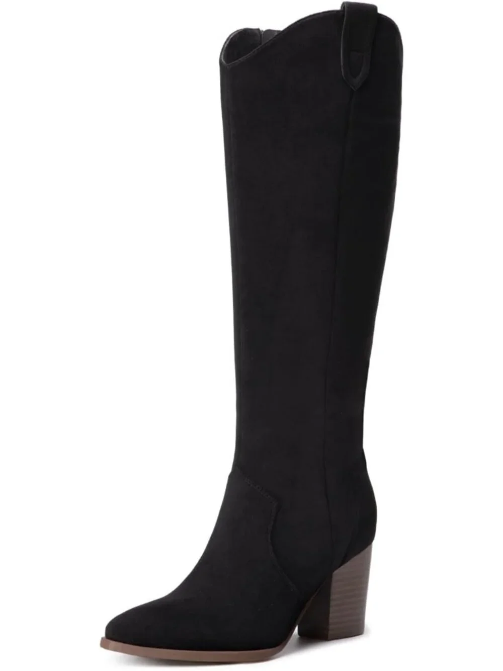 Women's Black Suede Chunky Heel Suede Pointed Toe Side Zipper Knee High Boots